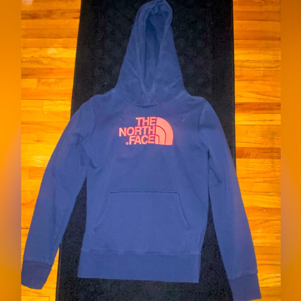 The North Face Hoodie Womens XS Blue Orange Fleece Pullover Graphic Sweater